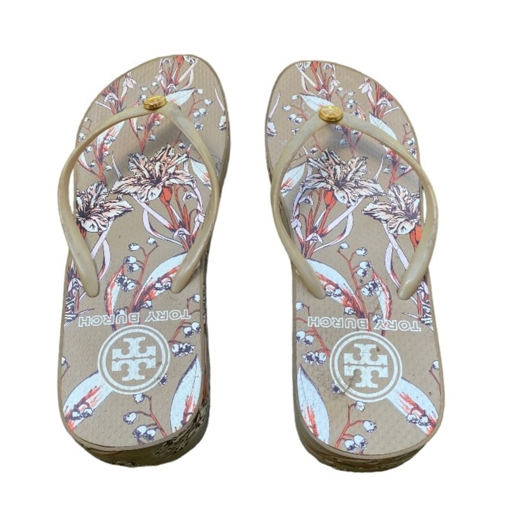 Tory Burch Tan Wedge Flip Flop Floral